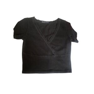 Brandy Melville Black VNeck cross front Short Sleeve Crop Top T-shirt OSFA *flaw